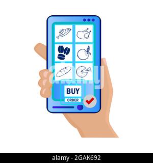 Handgriff-Handy mit Online-Shop-App isoliert auf weißem Hintergrund. ECommerce-Konzept. Bestellen Sie Lebensmittel. Sicherheitslieferung. Lieferdienst. Vektor Stock Vektor