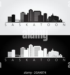 Saskatoon Skyline und Wahrzeichen Silhouette, schwarz-weiß-Design, Vektor-Illustration. Stock Vektor