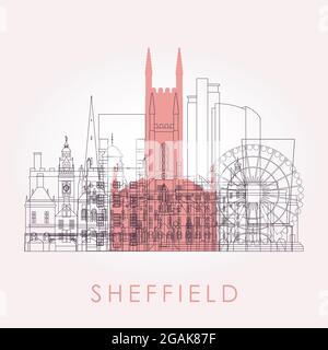 Umreißen Sie die Skyline von Sheffield mit Wahrzeichen. Vektorgrafik. Business Travel und Tourismus Konzept mit historischen Gebäuden. Bild zur Präsentation, BA Stock Vektor