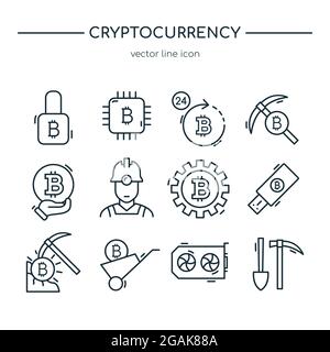 Sammlung von Kryptowährungs-Mining-Symbolen. Vektorlinien-Grafik-Symbolsatz. Stock Vektor