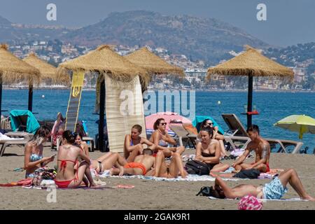 Sandstrand Malaga, Costa del Sol, Provinz Malaga, Andalusien, Spanien, Europa, Stockfoto