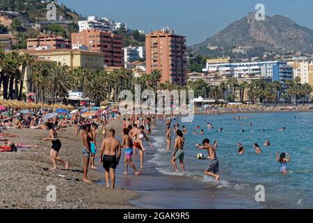 Sandstrand Malaga, Costa del Sol, Provinz Malaga, Andalusien, Spanien, Europa, Stockfoto