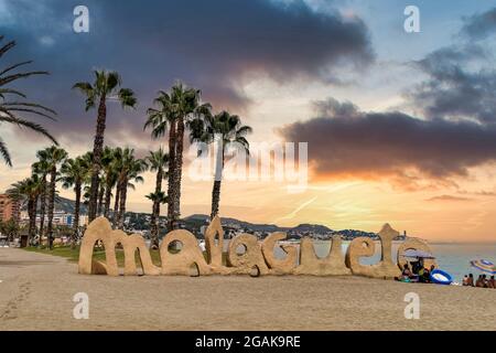 Schriftzug Malagueta, Sandstrand Malaga, Costa del Sol, Provinz Malaga, Andalusien, Spanien, Europa, Stockfoto