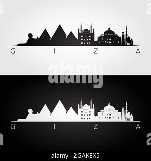 Skyline von Giza und Wahrzeichen Silhouette, Schwarz-Weiß-Design, Vektor-Illustration. Stock Vektor