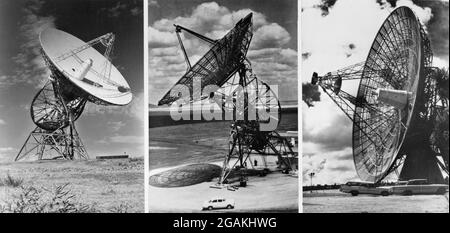 Zusammengesetztes Foto von drei Antennen mit einem Durchmesser von 26 Metern, die für den Empfang von Fotos der Mondoberfläche von der Lunar Orbiter-Sonde verwendet werden. Das Hotel liegt (von l-r) in Madrid, Spanien, Woomera, Australien und Goldstone, CA, Die Antennen sind Teil des Deep Space Network der NASA und haben die Aufgabe, mögliche Landeplätze für Apollo-Astronauten, Cape Kennedy, FL, 1966, zu lokalisieren. (Fotos von NASA/RBM Vintage Images) Stockfoto