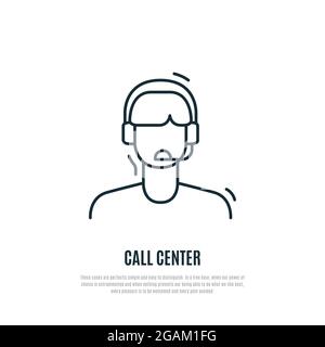 Kundendienst-Symbol. Betreiber des Contact Centers mit Kopfhörer. Linienkunst. Vektorgrafik Stock Vektor