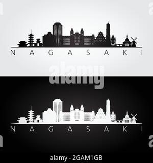 Nagasaki Skyline und Wahrzeichen Silhouette, schwarz-weiß-Design, Vektor-Illustration. Stock Vektor