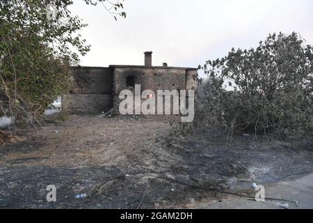 Alle Häuser wurden während der Waldbrände im Dorf Ulukapi Sulek in der Nähe der Region Manavgat in Antalya verbrannt. Mehr als 70 Waldbrände sind diese Woche in Provinzen an der türkischen Ägäis- und Mittelmeerküste sowie im Landesinneren ausgebrochen. Dörfer und einige Hotels wurden in touristischen Gebieten evakuiert und Menschen wurden über Felder geflohen, als Brände in ihren Häusern geschlossen wurden. Mindestens vier Menschen wurden am 28. Juli 2021 von Blasen getötet, die durch die Tourismusregionen Antalya, Manavgat, Türkei, Mittelmeerküste der Türkei gefegt wurden. Foto von Cenk Ozel/Depo Photos/ABACAPRESS.COM Stockfoto