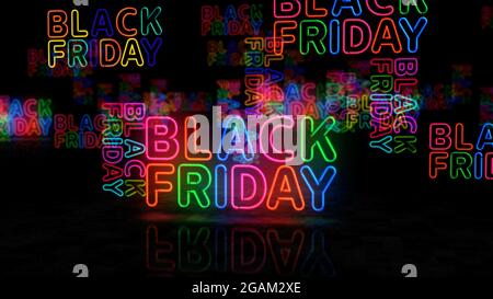 Black Friday Rabatt Neon-Symbol. Verkauf und Rabatt-Promotion Einzelhandel Glühbirnen Farbe. Abstraktes Konzept 3d-Illustration. Stockfoto