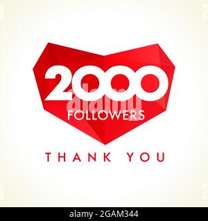 Danke 2 000 Follower-Karte. Rote Farbe danke für die folgenden Menschen. Zweitausend mögen Feier. Isolierte abstrakte Grafik-Design-Vorlage. Holi Stock Vektor
