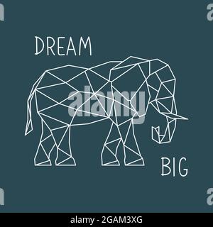Polygonaler Elefantendruck mit Schriftzug. Poster im skandinavischen Stil. Geometrische Vektordarstellung. Stock Vektor