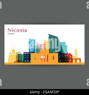 Nicosia Stadt Architektur Silhouette. Farbenfrohe Skyline. Flaches City-Design. Vector Visitenkarte. Stock Vektor
