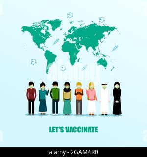 Impfungen in der Welt mit verschiedenen Ethnien flache Vektor-Illustration, zusätzliche Bild gehören Schicht für Schicht und Gruppenobjekt Stock Vektor