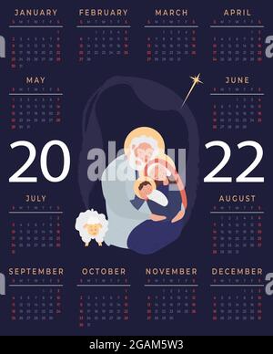 Kalender 2022. Frohe Weihnachten. Heilige Familie Jungfrau Maria und Joseph. Die Geburt des kleinen Erlösers Jesus Christus. Vektorgrafik. Vertikale Vorlage Stock Vektor