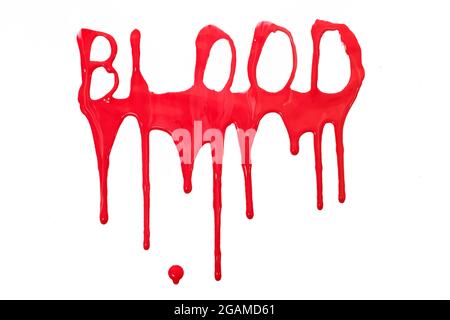 Blutfleck tropft Buchstaben isoliert auf einen weißen Hintergrund. Stockfoto