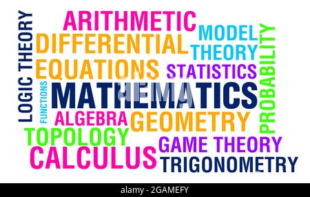 Moderne Mathematik Konzept Hintergrund mit mathematischen Zweigen. Abstrakte bunte Mathematik Typografie Konzept Hintergrund Stockfoto