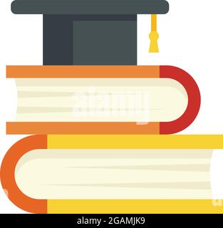 Abschlussmütze auf Büchersymbol. Flache Abbildung der Graduierung Hut auf Bücher Vektor-Symbol isoliert auf weißem Hintergrund Stock Vektor