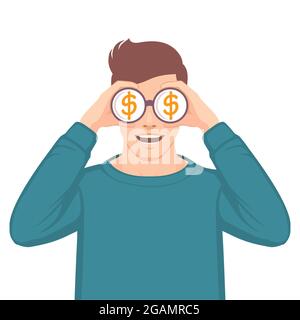 Mann mit Fernglas überwacht den Kurs des Dollars Stock Vektor