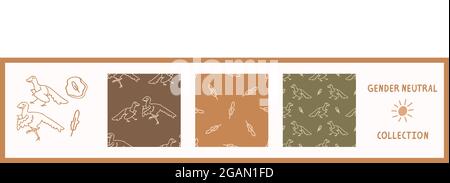 Nahtloser Hintergrund archaeopteryx Dinosaurier Satz von 3 Mustern mit Motiv. Skurrile minimal erdig 2 Ton Farbe. Kids Kinderzimmer Tapete oder Boho Stock Vektor