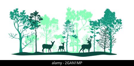 Grüner Satz von Bäumen in verschiedenen Formen und Größen, Hirsch, Rehe, Rehkitz. Bürste. Silhouetten von Wald und Tieren. Abbildung isoliert auf weißem Hintergrund Stockfoto