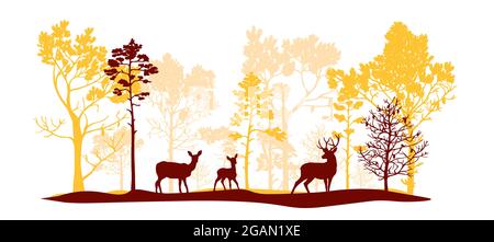 Rot, orange, rosa Baumgruppe in verschiedenen Formen und Größen, Hirsch, Rehe, Rehkitz. Bürste. Silhouetten von Wald und Tieren. Abbildung isoliert auf whit Stockfoto