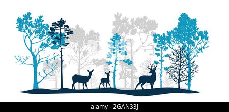 Blau und grau Satz von Bäumen in verschiedenen Formen und Größen, Hirsch, Rehe, Rehkitz. Bürste. Silhouetten von Wald und Tieren. Abbildung isoliert auf weißem BA Stockfoto