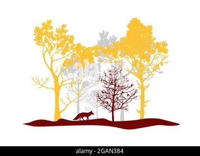 Rote, orange und graue Baumgruppe, Fuchs. Silhouetten von Wald und Tier. Abbildung isoliert auf weißem Hintergrund. Stockfoto