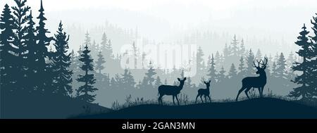 Horizontales Banner. Silhouette von Hirsch, Rehe, Rehkitz, die auf der Wiese im Wald stehen. Silhouette von Tier, Bäumen, Gras. Magische neblige Landschaft, Nebel. Blau Stockfoto