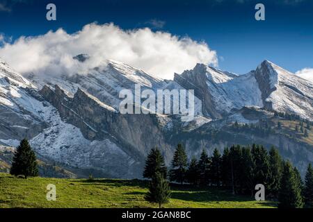 Massiv von Aravis, La Clusaz , Haute-Savoie, Auvergne-Rhone-Alpes, Frankreich Stockfoto