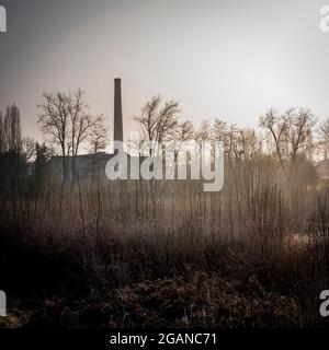 Nebliger Blick auf eine verlassene Fabrik, umgeben von bewachsener Vegetation und Bäumen in einer ruhigen ländlichen Landschaft Stockfoto