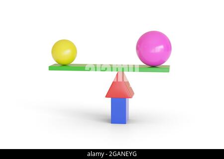 Farbige Kugeln auf einem Tisch im Gleichgewicht. 3d-Illustration. Stockfoto