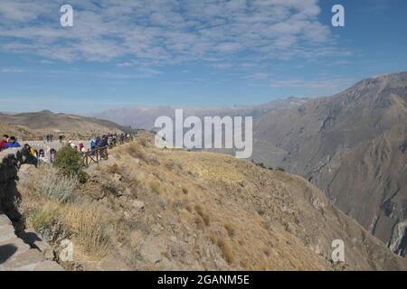 Colca Canyon zerklüftete Landschaft Peru Menschen beobachten nach Anden Condor beobachten Vogelflug fliegen Berge steile Wände Berg beobachten Stockfoto