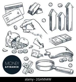Symbole für Vektorzeichnungen zu Geld, Investitionen und Finanzen. Krise, finanzielle Verluste und Konkurs handgezeichnete Designelemente isoliert auf weißem Hintergrund Stock Vektor