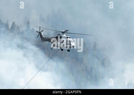 Helikopter bekämpft das Feuer von South Yaak in den Purcell Mountains. Lincoln County, nordwestlich von Montana. Stockfoto