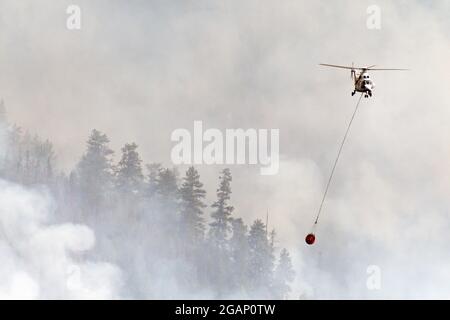 Hubschrauber bekämpfen das Feuer in South Yaak in den Purcell Mountains im Nordwesten von Montana. (Foto von Randy Beacham) Stockfoto