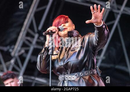 Promenade Park, Maldon, Essex, Großbritannien. Juli 2021. Nachdem die britischen COVID-19-Beschränkungen aufgehoben wurden, sind die Fans gekommen, um ein großes Musikfestival in einem Park in Essex zu genießen. Klassische Künstler aus der Welt des Pop stehen bereit, um das große Publikum, darunter Gabrielle, zu unterhalten. Die Unterhaltung des Tages auf der Bühne stand vor rund 10,000 Festivalbesuchern Stockfoto