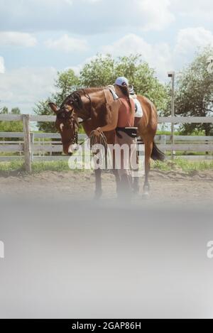 Weibliche Jockey mit ihrem dunkelbraunen Pferd in der sandigen Arena mit einem Holzzaun. Vorbereitung auf den Reitwettbewerb. Das Mädchen hält das Bleiseil des Pferdes und fixiert seinen Zaumzeug. Stockfoto