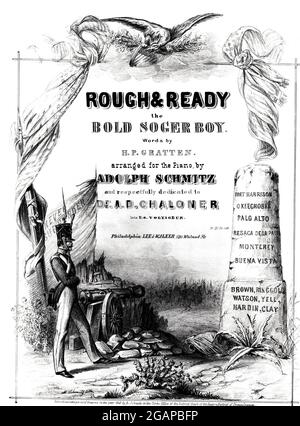 Rough & Ready oder The Bold Soger Bay, Noten von Präsident Zachary Taylor aus dem Jahr 1848. Lithographierte Kampfszene Resaca de Palma aus dem Mexikankrieg. Stockfoto