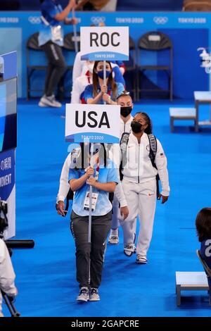 Tokio, Japan, 27. Juli 2021. Team USA beim Mannschaftsfinale der Frauen im Kunstturnen am 4. Tag der Olympischen Spiele 2020 in Tokio. Quelle: Pete Dovgan/Speed Media/Alamy Live News Stockfoto