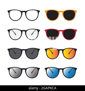 Vector Gruppe einer Brille und Sonnenbrille isoliert auf weißem Hintergrund. Brillensymbol. Stock Vektor
