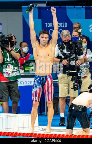 Tokio, Japan. August 2021. TOKIO, JAPAN - 1. AUGUST: Robert Finke aus den Vereinigten Staaten feiert nach seinem Wettkampf im Männer-Finale über 1500 m Freistil während der Olympischen Spiele in Tokio 2020 am 30. Juli 2021 im Tokyo Aquatics Center in Tokio, Japan (Foto: Giorgio Scala/Insidefoto/Deepbluemedia) Credit: Insidefoto srl/Alamy Live News Stockfoto