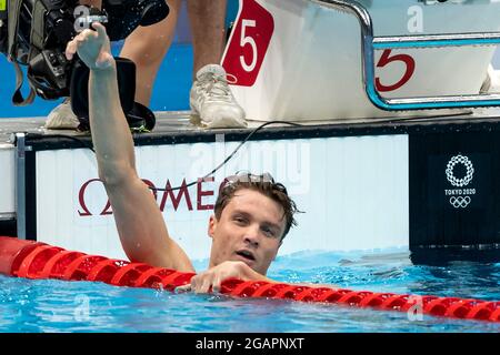 Tokio, Japan. August 2021. TOKIO, JAPAN - 1. AUGUST: Robert Finke aus den Vereinigten Staaten feiert nach seinem Wettkampf im Männer-Finale über 1500 m Freistil während der Olympischen Spiele in Tokio 2020 am 30. Juli 2021 im Tokyo Aquatics Center in Tokio, Japan (Foto: Giorgio Scala/Insidefoto/Deepbluemedia) Credit: Insidefoto srl/Alamy Live News Stockfoto