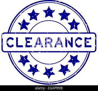 Grunge blaues Clearance-Wort mit Stern-Symbol rund Gummi-Siegel Stempel auf weißem Hintergrund Stock Vektor