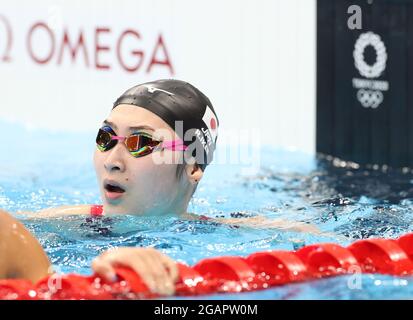 Tokio, Japan. August 2021. Ikee Rikako aus Japan reagiert nach dem 4 x 100-m-Medaillenfinale der Frauen beim Schwimmen bei den Olympischen Spielen 2020 in Tokio, Japan, am 1. August 2021. Quelle: Ding Xu/Xinhua/Alamy Live News Stockfoto