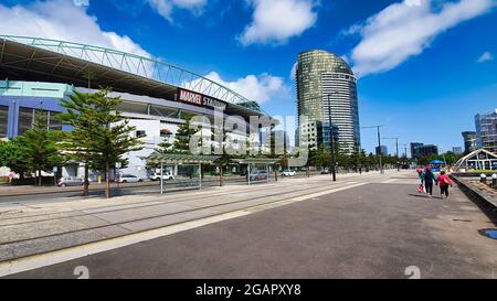 Docklands, Victoria Australien - 16 2020. Januar: Vor dem Marvel Stadium im Docklands Melbourne Victoria Stockfoto