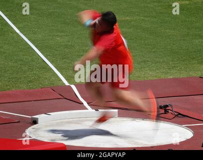 Tokio, Japan. August 2021. Der chinesische Jiayuan Song tritt am Sonntag, den 1. August 2021, beim Leichtathletik-Wettbewerb während der Olympischen Sommerspiele in Tokio in Tokio, Japan, bei den Frauen-Kugelfinals an. Foto von Bob Strong/UPI. Kredit: UPI/Alamy Live Nachrichten Stockfoto