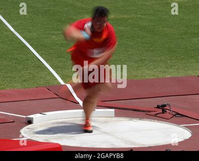 Tokio, Japan. August 2021. Der chinesische Jiayuan Song tritt am Sonntag, den 1. August 2021, beim Leichtathletik-Wettbewerb während der Olympischen Sommerspiele in Tokio in Tokio, Japan, bei den Frauen-Kugelfinals an. Foto von Bob Strong/UPI. Kredit: UPI/Alamy Live Nachrichten Stockfoto