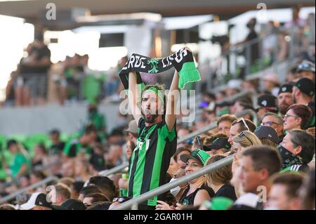 31. Juli 2021: FC Austin-Fans in Aktion während des MLS-Spiels gegen die Colorado Rapids im Q2 Stadium. Austin, Texas. Mario Cantu/CSM Stockfoto