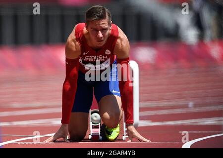 Tokio, Japan. August 2021. Der tschechische Athlet Pavel Maslak nimmt am 1. August 2021 bei den Olympischen Sommerspielen 2020 in Tokio an der 400-Meter-Hitze (Qualifikation) der Männer Teil. Quelle: Ondrej Deml/CTK Photo/Alamy Live News Stockfoto