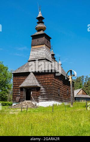 Holzkirche, Freilichtmuseum in Stara Lubovna, Slowakische republik. Architektonisches Thema. Stockfoto